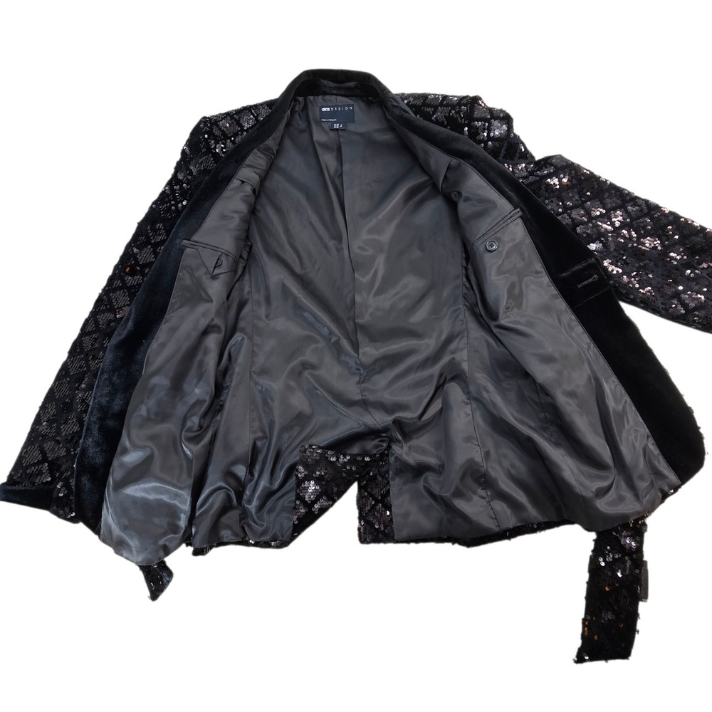 ASOS Design Suit Mens 38/31 Black Sequin Velvet Shawl Lapel Belted Luxury Disco - Picture 5 of 16